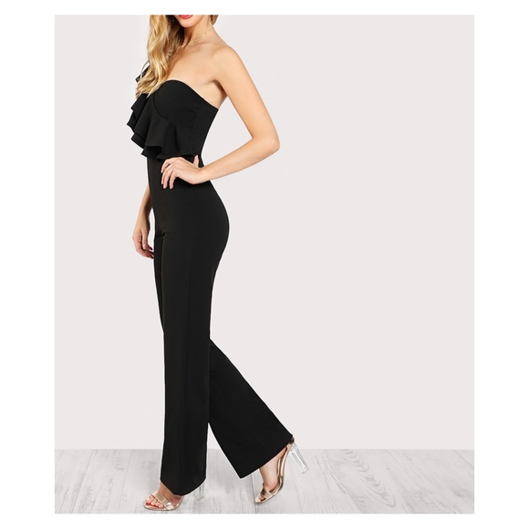 Black One Shoulder Ruffle Side Solid Jumpsuit - Picture 2 of 8